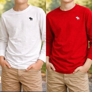 Abercrombie Kids Long Sleeve Moose Logo Tees 7 - 8 Red White Bundle